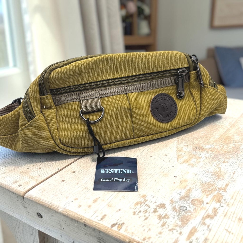 NWT Casual Sling Bag Westend Mustard Yellow Khaki Canvas Multi-Pocket Fanny Pack